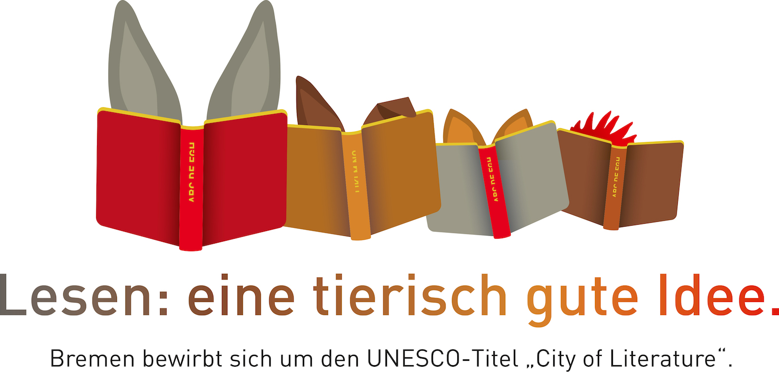 Logo der City of Literature-Bewerbung mit vier aufgeschlagenen Büchern, hinter denen jeweils die Ohren der Bremer Stadtmusikanten hervorlugen