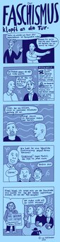 Der Comic "Der Faschismus klopft an die Tür" zeigt einen Mann, der der AfD die Tür fürs Gespräch öffnet.