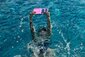 Mensch im Schwimmbecken unter Wasser, streckt Buch in die Höhe