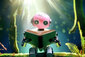 Ein Roboter sitzt in einem Wald und liest ein Buch